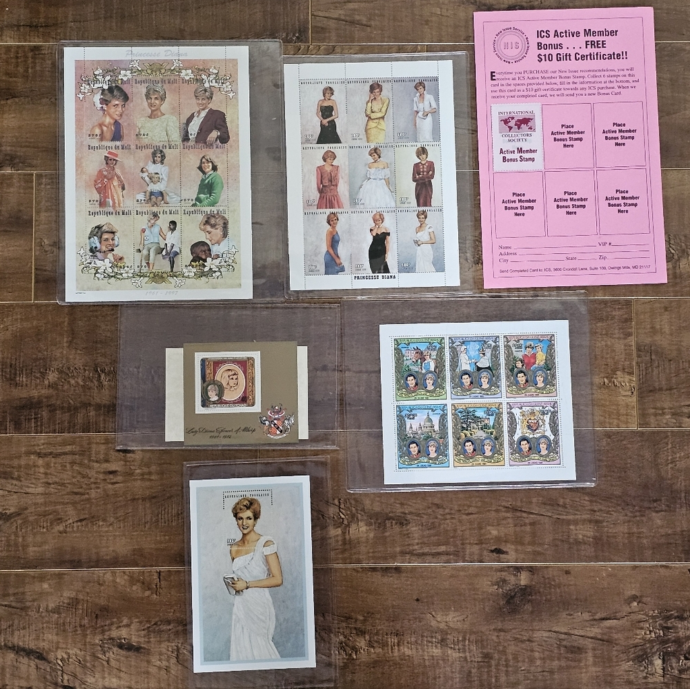 Lot 5 Princess Diana Intl Collectors Society Stamps All with COA